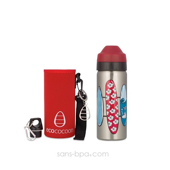Pack gourde isotherme 500 ml Surfing & sa housse Rouge Ecococoon