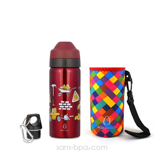 Pack gourde isotherme 500 ml Constructions & sa housse Rouge Ecococoon