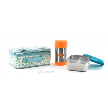 Pack Lunchbox Géo + Boite repas isotherme Mandarine + boite carré médium Ciel
