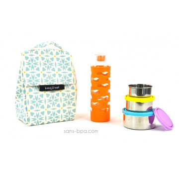 Pack Sac isotherme Lunchbag Géo + Trio boites gigognes Ciel + Gourde verre Mandarine
