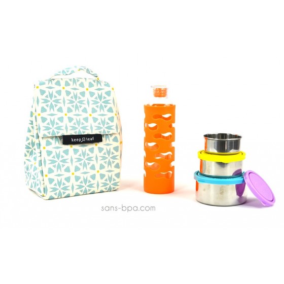 Pack Sac isotherme Lunchbag Géo + Trio boites gigognes Ciel + Gourde verre Mandarine