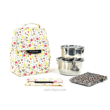 Pack Sac isotherme Lunchbag Bloom + Boites inox 12 + 14 + Pack glace Chocolat + Pochette small Bloom