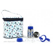 Pack Sac isotherme Cooler Bag Avion + Kit biberon évolutif GL Pois Bleu Organic Kidz