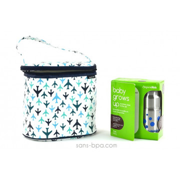 Pack Sac isotherme Cooler Bag Avion + Kit biberon évolutif GL Pois Bleu Organic Kidz 2