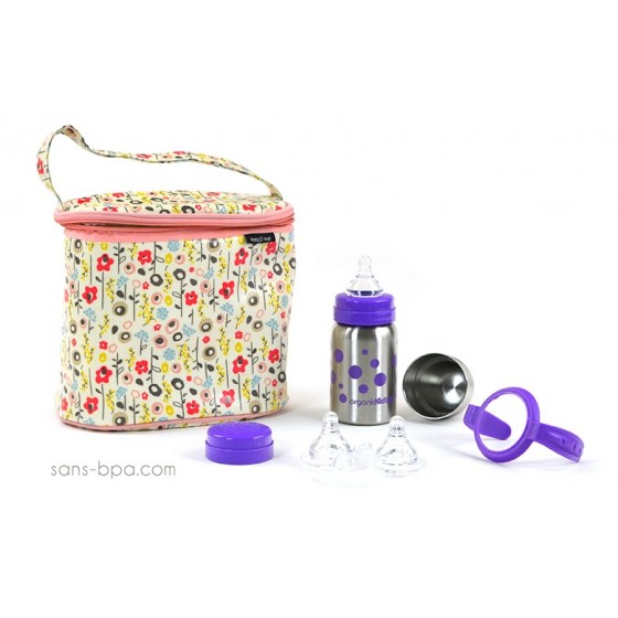 Pack Sac isotherme Cooler Bag Bloom + Kit biberon évolutif GL Pois Lavande Organic Kidz