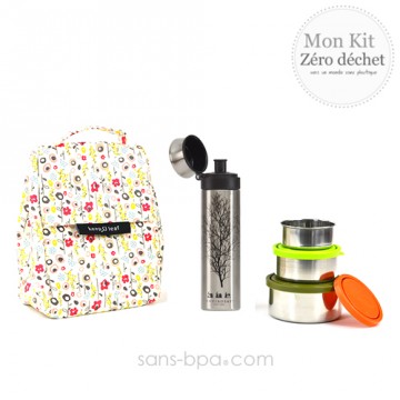 Pack Sac isotherme Lunchbag Bloom + Trio boites gigognes Nature + Gourde inox 500ml Arbre