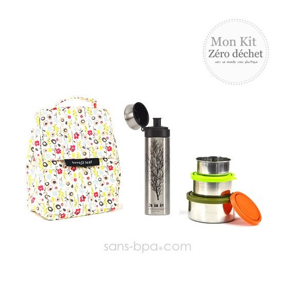 Pack Sac isotherme Lunchbag Bloom + Trio boites gigognes Nature + Gourde inox 500ml Arbre