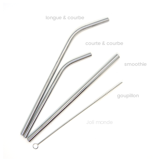  Ensemble 4 pailles inox - Longues & courbes 