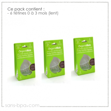 Pack 6 tétines goulot large 0 à 3 mois - Organic Kidz