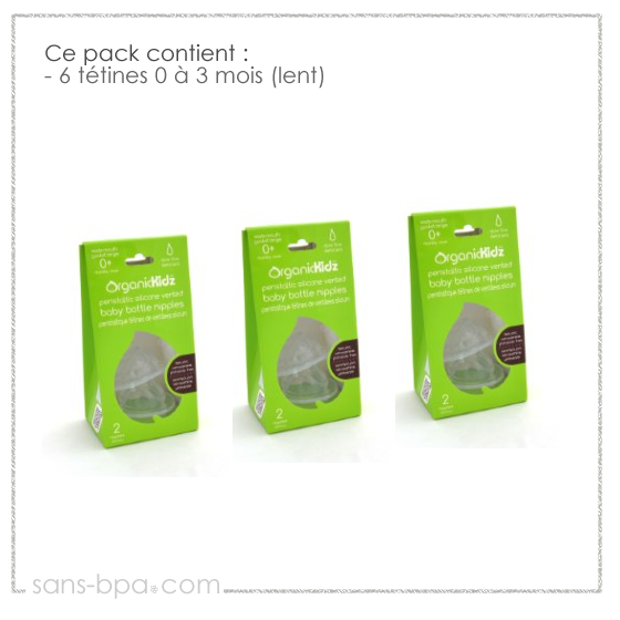Pack 6 tétines goulot large 0 à 3 mois - Organic Kidz
