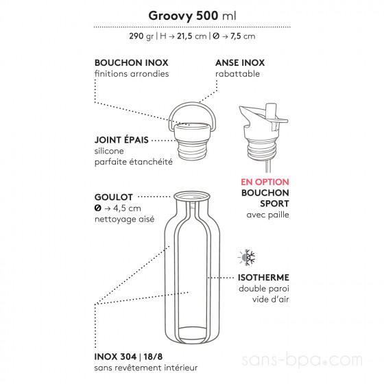 Gourde inox 500ml isotherme GROOVY - BAMBOU