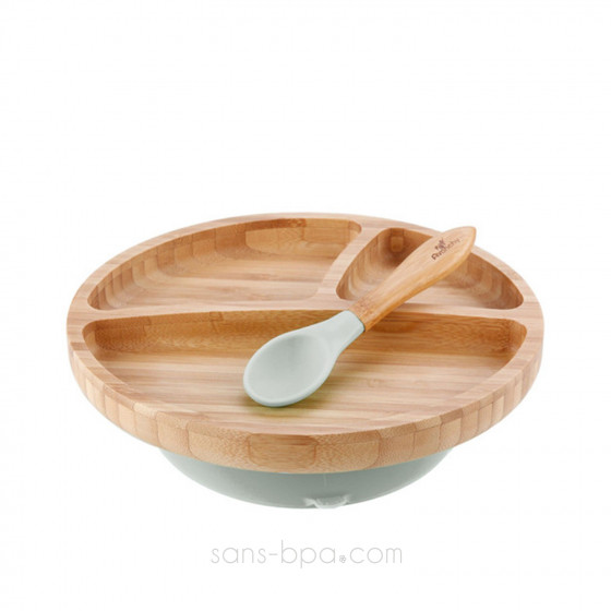 Assiette compartiments bambou à ventouse & sa cuillère Bambin