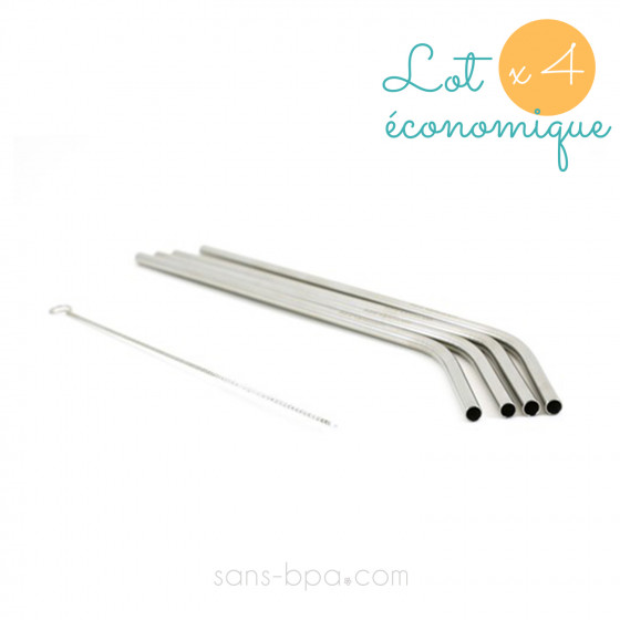 Ensemble 4 pailles inox - Longues & courbes