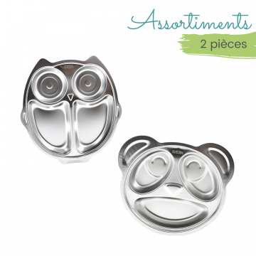Assortiment 2 assiettes à compartiments - Chouette + Panda