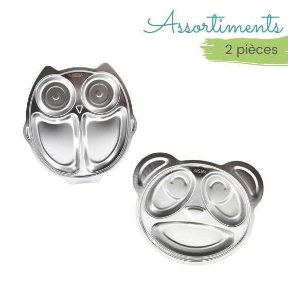 Assortiment 2 assiettes à compartiments - Chouette + Panda