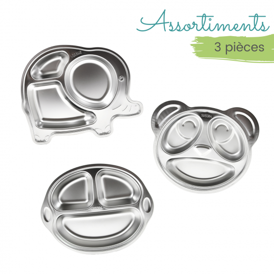 Assortiment 3 assiettes à compartiments - Eléphant + Panda + Singe