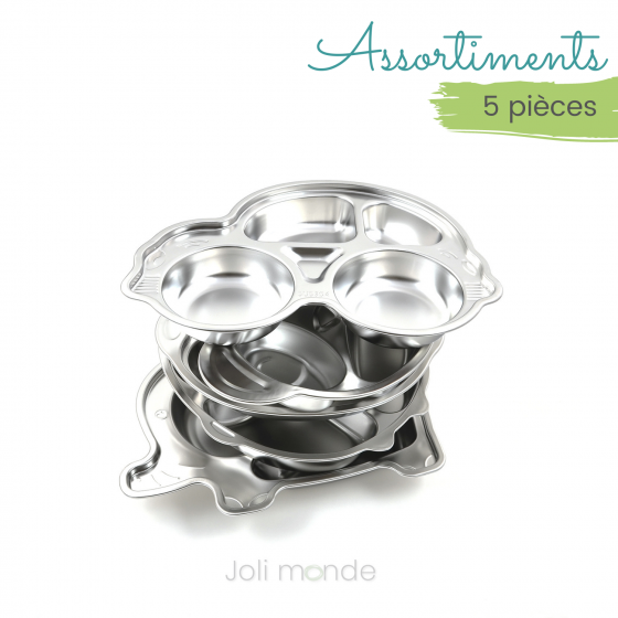 Assortiment 5 assiettes à compartiments - Eléphant + Panda + Singe + Chouette + Voiture