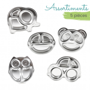 Assortiment 5 assiettes à compartiments - Eléphant + Panda + Singe + Chouette + Voiture