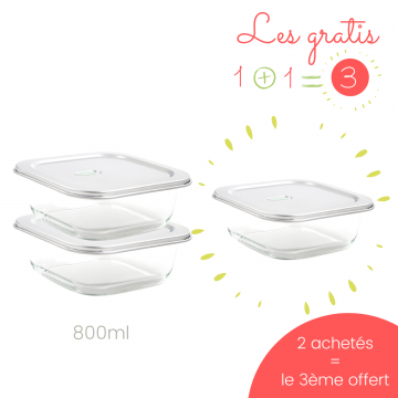 Lot 2 contenants De verre & d'inox 800ml + 1 GRATUIT