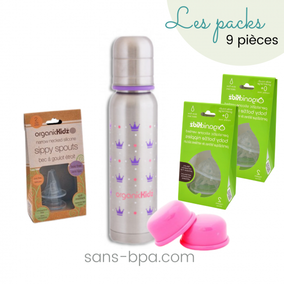 Kit biberon isotherme inox goulot étroit 270ml & ses accessoires - Princesse