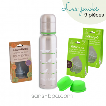 Kit biberon isotherme inox goulot étroit 270ml & ses accessoires -Chirpy