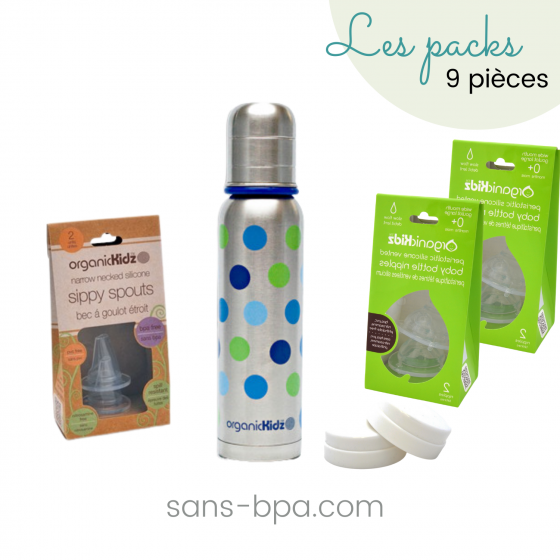 Kit biberon isotherme inox goulot étroit 270ml & ses accessoires -Pois bleus