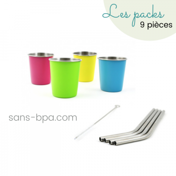 Ensemble 4 pailles inox & leurs timbales inox colorées 180 ml