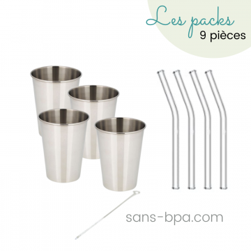 Ensemble 4 pailles en verre & leurs timbales inox 350 ml