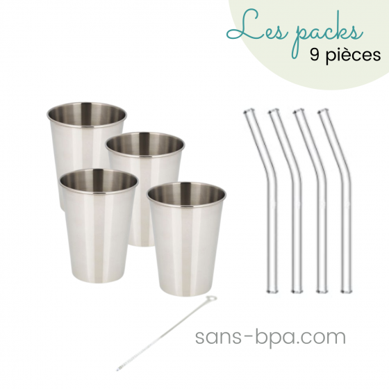 Ensemble 4 pailles en verre & leurs timbales inox 350 ml