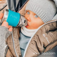 Biberon inox 150 ml avec Gaine Silicone BLEUE . PURA