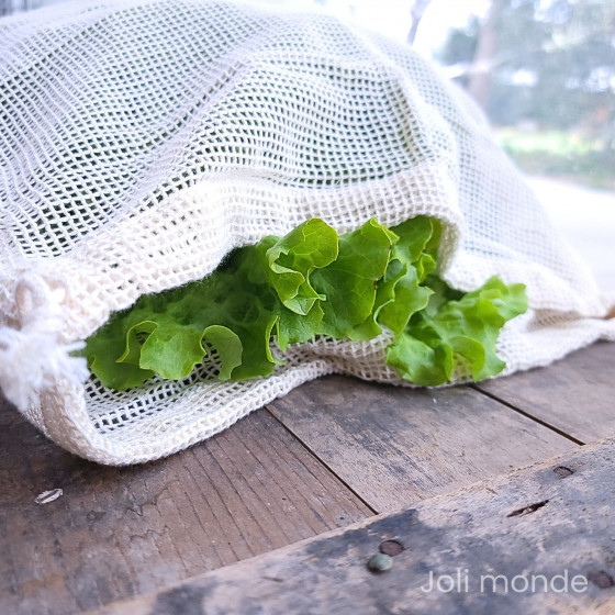 Sac à vrac .  maille filet . LARGE 35 x 47 cm - Fruits & Légumes . Poids 60 g - Joli Monde