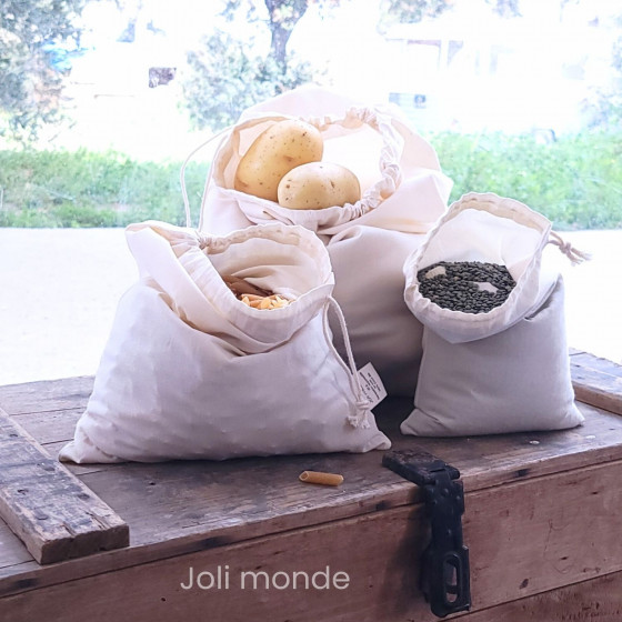 Lot 3 Sacs à vrac .  maille tissée . 3 tailles S + M + L . Farines & Céréales - Joli Monde