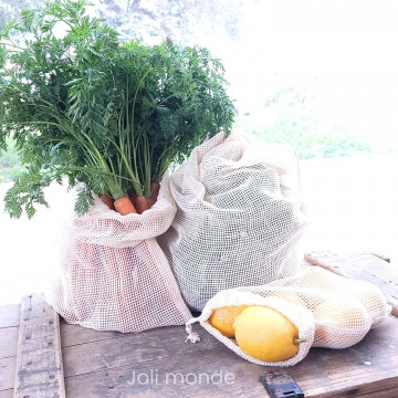 Lot 3 Sacs à vrac .  maille filet . 3 tailles S + M + L . Fruits & Légumes - Joli Monde 2