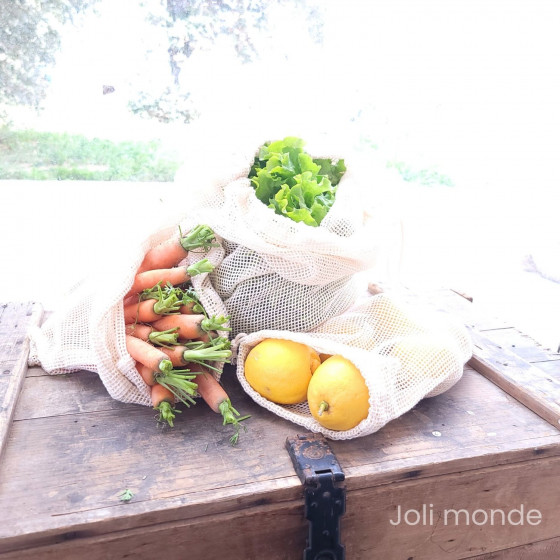 Lot 3 Sacs à vrac .  maille filet . 3 tailles S + M + L . Fruits & Légumes - Joli Monde