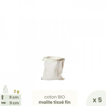 Lot 5 sachets à thé tissus gaze réutilisable 9 cm