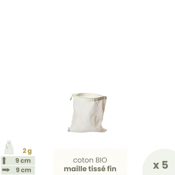 Lot 5 sachets à thé tissus gaze réutilisable 9 cm