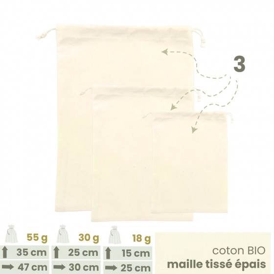 Lot 3 Sacs à vrac . maille tissée . 3 tailles S + M + L . Farines & Céréales - Joli Monde