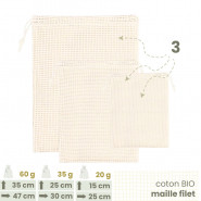 Lot 3 Sacs à vrac . maille filet . 3 tailles S + M + L . Fruits & Légumes - Joli Monde