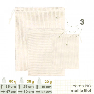 Lot 3 Sacs à vrac . maille filet . 3 tailles S + M + L . Fruits & Légumes - Joli Monde