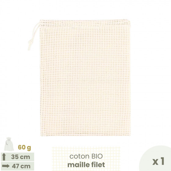 Sac à vrac . maille filet . LARGE 35 x 47 cm - Fruits & Légumes . Poids 60 g - Joli Monde
