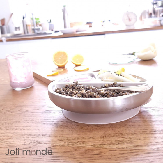 Assiette inox à ventouse & compartiments . Sable