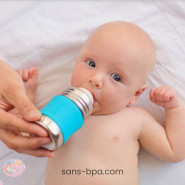 Biberon inox 150 ml avec Gaine Silicone BLEUE . PURA