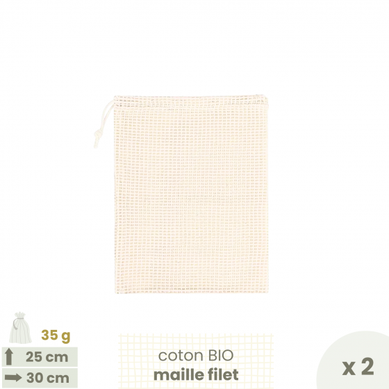 Lot de 2 Sacs à vrac Fruits & légumes . maille filet . MEDIUM 25 x 30 cm - Fruits & Légumes . Poids 35 g - Joli Monde