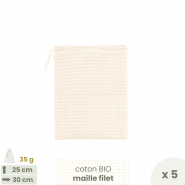 Lot de 5 Sacs à vrac Fruits & légumes . maille filet . MEDIUM 25 x 30 cm - Fruits & Légumes . Poids 35 g - Joli Monde