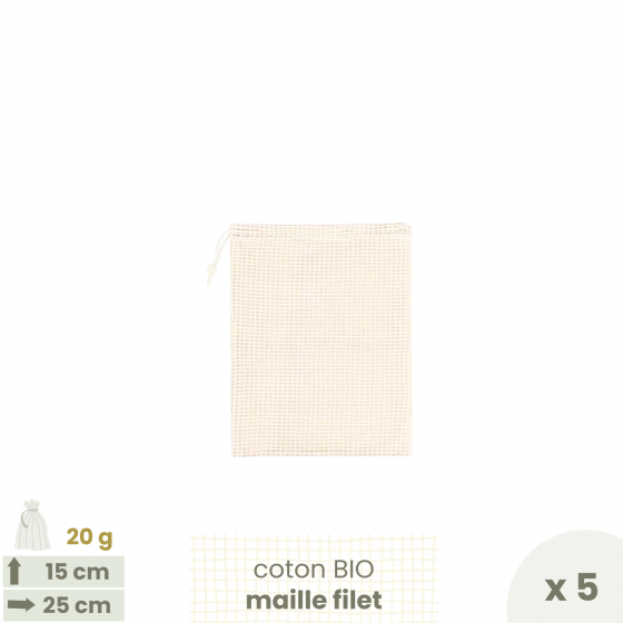 Lot de 5 Sacs à vrac Fruits & légumes . maille filet . SMALL 15 x 25 cm - Fruits & Légumes . Poids 20 g - Joli Monde