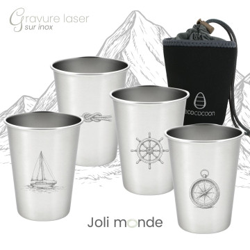 Ensemble 4 timbales 300 ml inox & leur housse . Plein air . Joli Monde