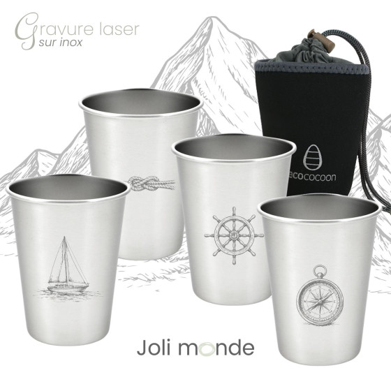 Ensemble 4 timbales 300 ml inox & leur housse . Plein air . Joli Monde