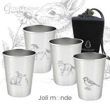 Ensemble 4 timbales 300 ml inox & leur housse . Animaux . Joli Monde