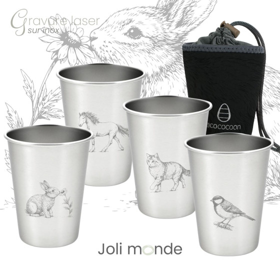 Ensemble 4 timbales 300 ml inox & leur housse . Plein air . Joli Monde