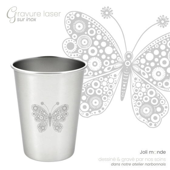 Timbale 200 ml inox . Gravure Mandala Papillon . Joli Monde